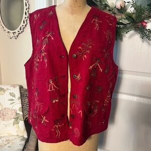 VINTAGE Chico's Tribal
Embroidery Vest Size 3
Red Native Cave Man Folk Art